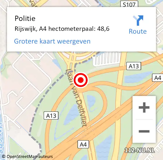Locatie op kaart van de 112 melding: Politie Rijswijk, A4 hectometerpaal: 48,6 op 18 juni 2024 15:22