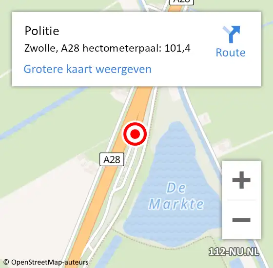 Locatie op kaart van de 112 melding: Politie Zwolle, A28 hectometerpaal: 101,4 op 18 juni 2024 15:48