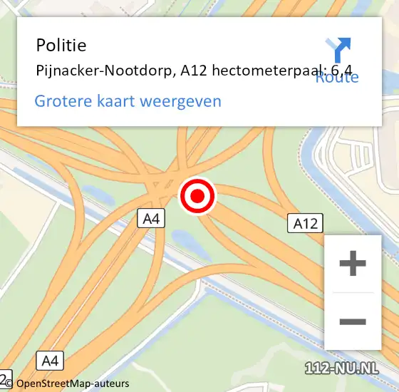 Locatie op kaart van de 112 melding: Politie Pijnacker-Nootdorp, A12 hectometerpaal: 6,4 op 18 juni 2024 17:10