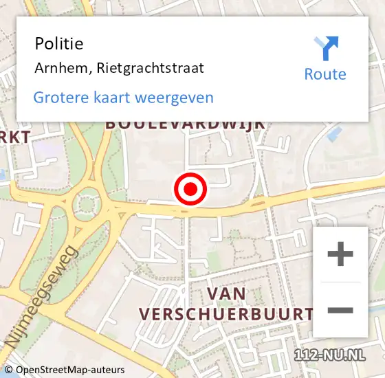 Locatie op kaart van de 112 melding: Politie Arnhem, Rietgrachtstraat op 18 juni 2024 17:24