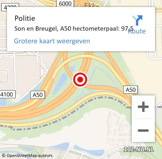 Locatie op kaart van de 112 melding: Politie Son en Breugel, A50 hectometerpaal: 97,5 op 18 juni 2024 17:34