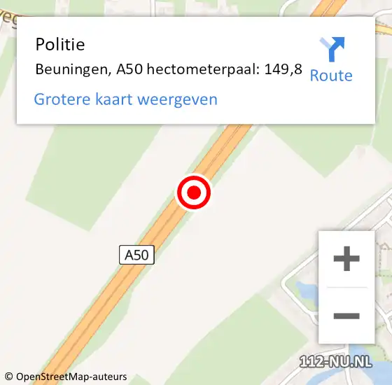 Locatie op kaart van de 112 melding: Politie Beuningen, A50 hectometerpaal: 149,8 op 18 juni 2024 17:51