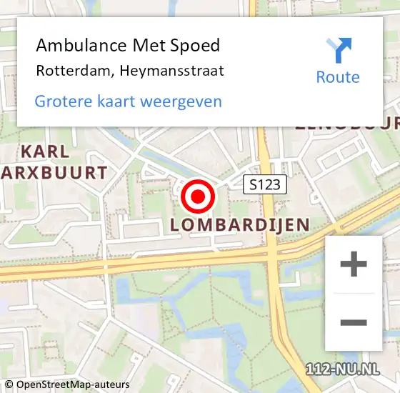 Locatie op kaart van de 112 melding: Ambulance Met Spoed Naar Rotterdam, Heymansstraat op 18 juni 2024 18:59