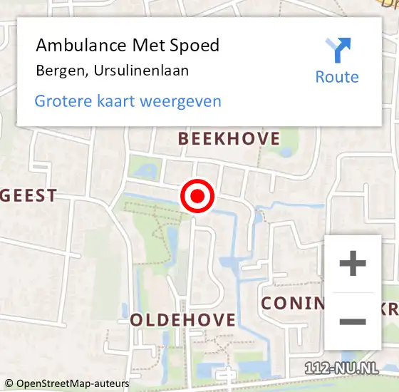 Locatie op kaart van de 112 melding: Ambulance Met Spoed Naar Bergen, Ursulinenlaan op 18 juni 2024 19:53