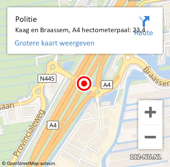 Locatie op kaart van de 112 melding: Politie Kaag en Braassem, A4 hectometerpaal: 23,4 op 18 juni 2024 20:31