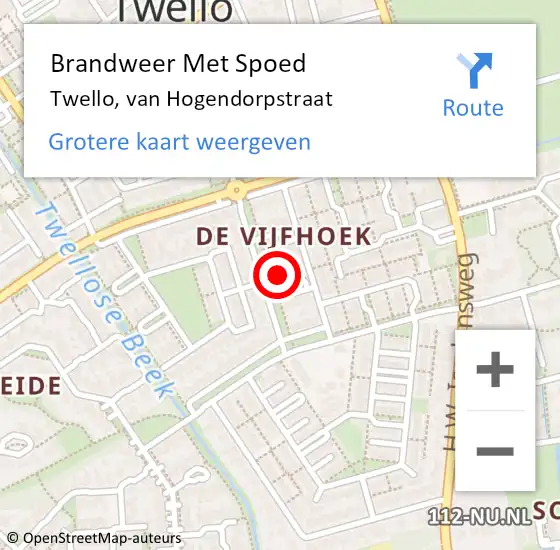 Locatie op kaart van de 112 melding: Brandweer Met Spoed Naar Twello, van Hogendorpstraat op 18 juni 2024 21:33