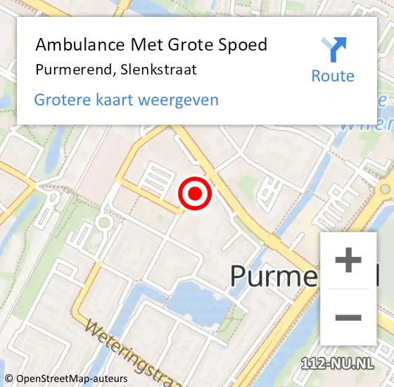 Locatie op kaart van de 112 melding: Ambulance Met Grote Spoed Naar Purmerend, Slenkstraat op 18 juni 2024 21:48