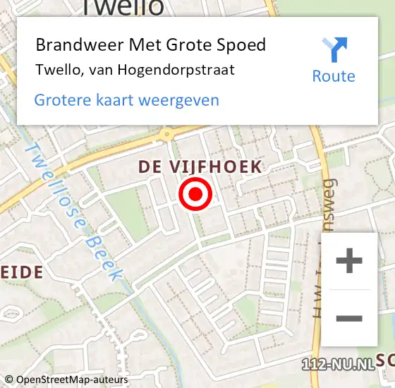 Locatie op kaart van de 112 melding: Brandweer Met Grote Spoed Naar Twello, van Hogendorpstraat op 18 juni 2024 22:44