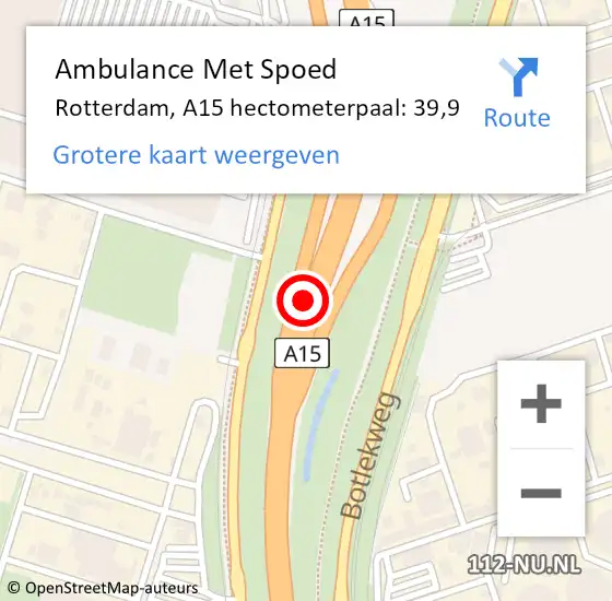 Locatie op kaart van de 112 melding: Ambulance Met Spoed Naar Rotterdam, A15 hectometerpaal: 39,9 op 19 juni 2024 02:54