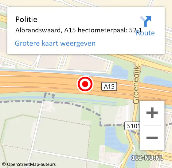 Locatie op kaart van de 112 melding: Politie Albrandswaard, A15 hectometerpaal: 52,1 op 19 juni 2024 07:10