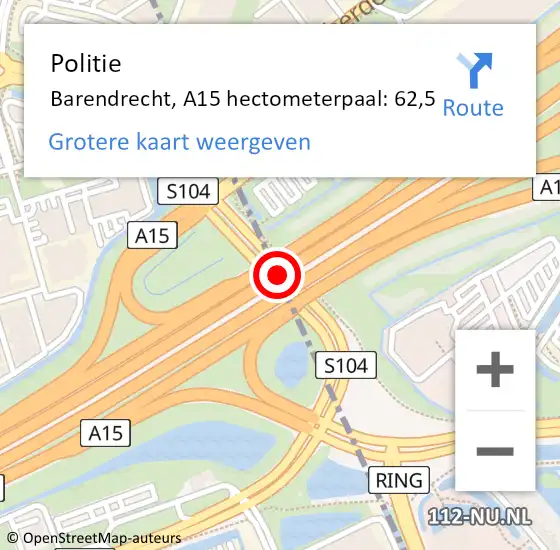Locatie op kaart van de 112 melding: Politie Barendrecht, A15 hectometerpaal: 62,5 op 19 juni 2024 07:24