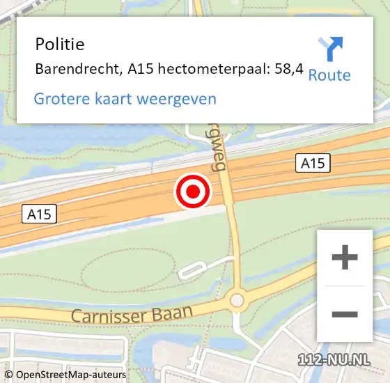 Locatie op kaart van de 112 melding: Politie Barendrecht, A15 hectometerpaal: 58,4 op 19 juni 2024 07:49