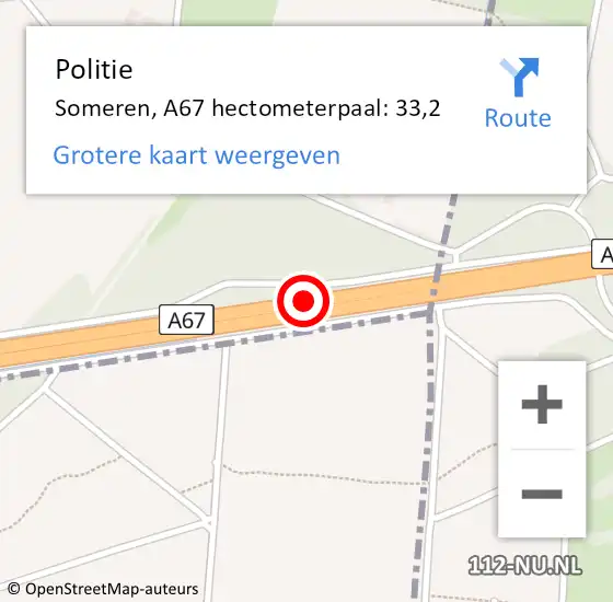 Locatie op kaart van de 112 melding: Politie Someren, A67 hectometerpaal: 33,2 op 19 juni 2024 08:10