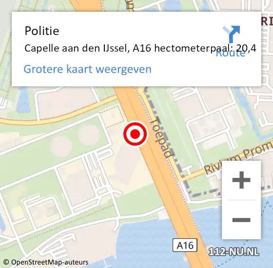 Locatie op kaart van de 112 melding: Politie Capelle aan den IJssel, A16 hectometerpaal: 20,4 op 19 juni 2024 09:31