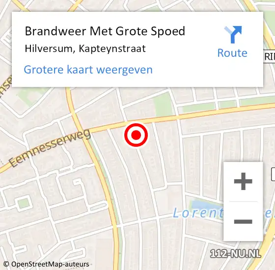 Locatie op kaart van de 112 melding: Brandweer Met Grote Spoed Naar Hilversum, Kapteynstraat op 19 juni 2024 09:44