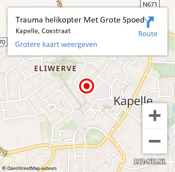 Locatie op kaart van de 112 melding: Trauma helikopter Met Grote Spoed Naar Kapelle, Coxstraat op 19 juni 2024 11:38