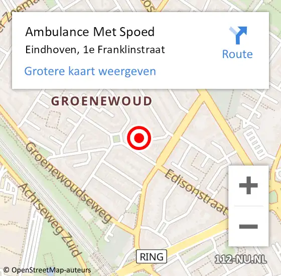 Locatie op kaart van de 112 melding: Ambulance Met Spoed Naar Eindhoven, 1e Franklinstraat op 10 oktober 2014 00:53