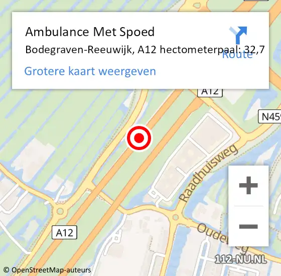 Locatie op kaart van de 112 melding: Ambulance Met Spoed Naar Bodegraven-Reeuwijk, A12 hectometerpaal: 32,7 op 19 juni 2024 13:37