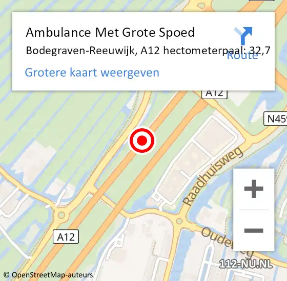 Locatie op kaart van de 112 melding: Ambulance Met Grote Spoed Naar Bodegraven-Reeuwijk, A12 hectometerpaal: 32,7 op 19 juni 2024 13:40