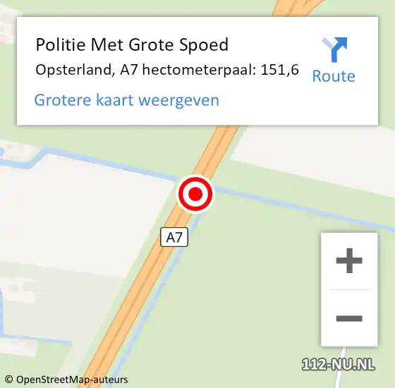 Locatie op kaart van de 112 melding: Politie Met Grote Spoed Naar Opsterland, A7 hectometerpaal: 151,6 op 19 juni 2024 13:40