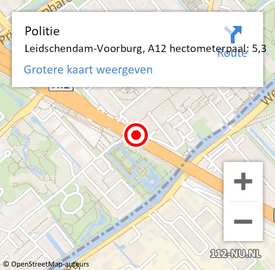 Locatie op kaart van de 112 melding: Politie Leidschendam-Voorburg, A12 hectometerpaal: 5,3 op 19 juni 2024 14:14