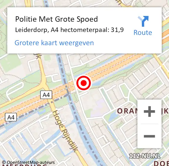 Locatie op kaart van de 112 melding: Politie Met Grote Spoed Naar Leiderdorp, A4 hectometerpaal: 31,9 op 19 juni 2024 14:42