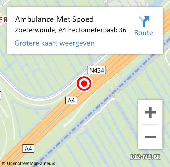 Locatie op kaart van de 112 melding: Ambulance Met Spoed Naar Zoeterwoude, A4 hectometerpaal: 36 op 19 juni 2024 14:50