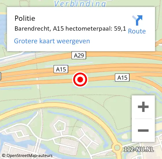 Locatie op kaart van de 112 melding: Politie Barendrecht, A15 hectometerpaal: 59,1 op 19 juni 2024 15:26