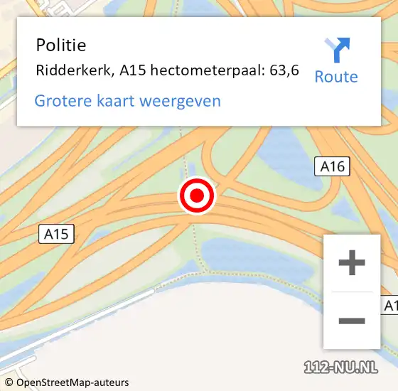 Locatie op kaart van de 112 melding: Politie Ridderkerk, A15 hectometerpaal: 63,6 op 19 juni 2024 15:30