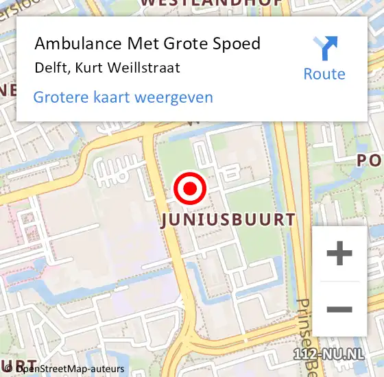 Locatie op kaart van de 112 melding: Ambulance Met Grote Spoed Naar Delft, Kurt Weillstraat op 19 juni 2024 15:57