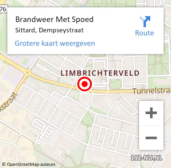 Locatie op kaart van de 112 melding: Brandweer Met Spoed Naar Sittard, Dempseystraat op 19 juni 2024 16:06