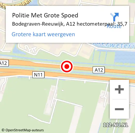 Locatie op kaart van de 112 melding: Politie Met Grote Spoed Naar Bodegraven-Reeuwijk, A12 hectometerpaal: 35,7 op 19 juni 2024 17:11