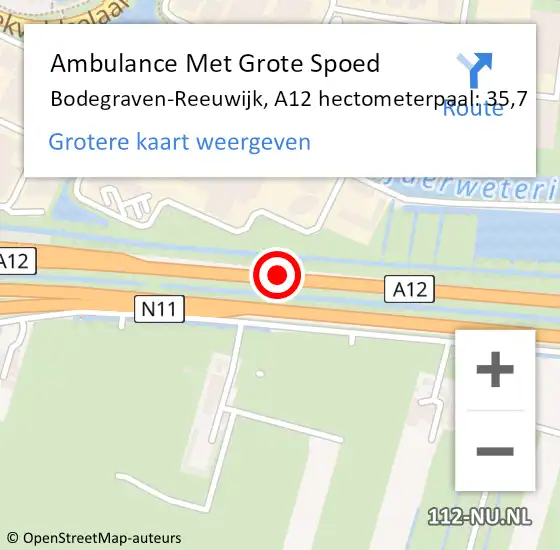 Locatie op kaart van de 112 melding: Ambulance Met Grote Spoed Naar Bodegraven-Reeuwijk, A12 hectometerpaal: 35,7 op 19 juni 2024 17:14