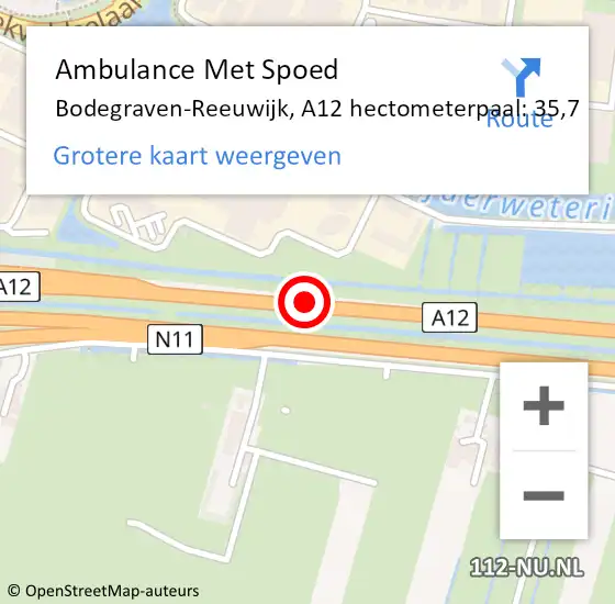Locatie op kaart van de 112 melding: Ambulance Met Spoed Naar Bodegraven-Reeuwijk, A12 hectometerpaal: 35,7 op 19 juni 2024 17:17