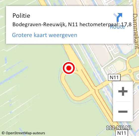 Locatie op kaart van de 112 melding: Politie Bodegraven-Reeuwijk, N11 hectometerpaal: 17,8 op 19 juni 2024 17:37