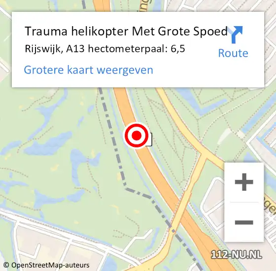 Locatie op kaart van de 112 melding: Trauma helikopter Met Grote Spoed Naar Rijswijk, A13 hectometerpaal: 6,5 op 19 juni 2024 18:15