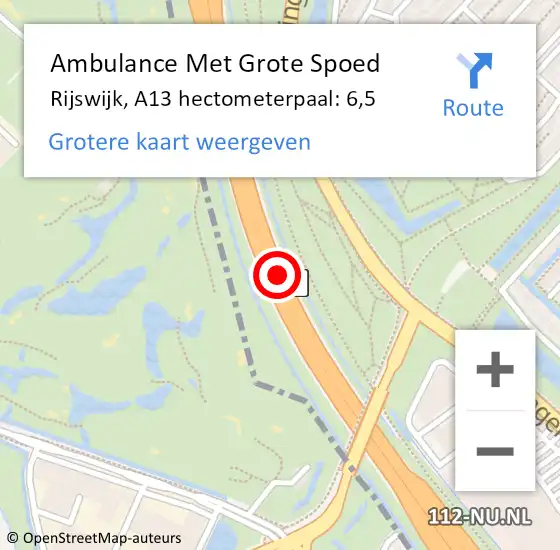 Locatie op kaart van de 112 melding: Ambulance Met Grote Spoed Naar Rijswijk, A13 hectometerpaal: 6,5 op 19 juni 2024 18:16