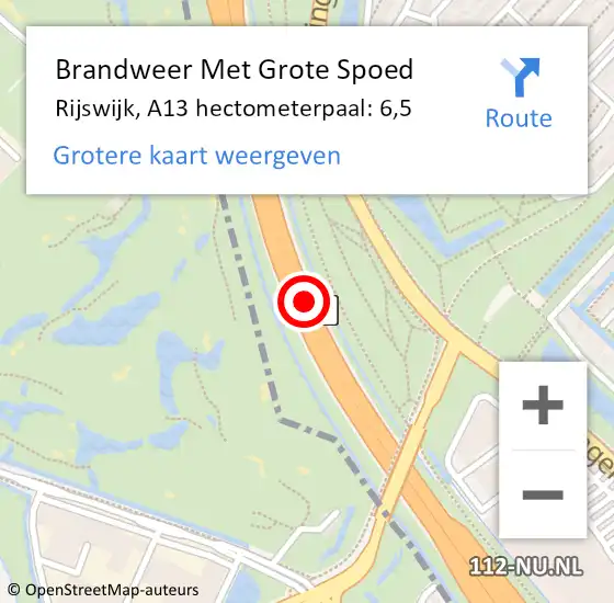 Locatie op kaart van de 112 melding: Brandweer Met Grote Spoed Naar Rijswijk, A13 hectometerpaal: 6,5 op 19 juni 2024 18:16