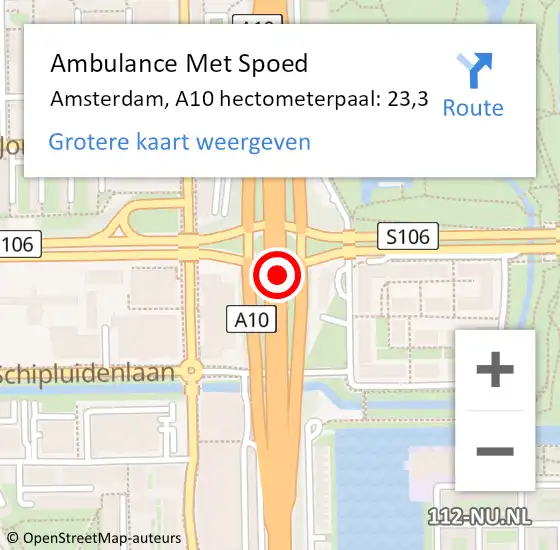 Locatie op kaart van de 112 melding: Ambulance Met Spoed Naar Amsterdam, A10 hectometerpaal: 23,3 op 19 juni 2024 18:37
