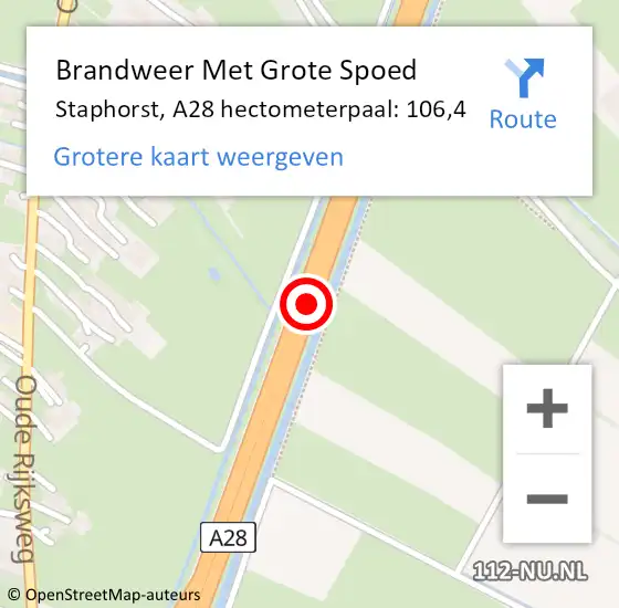 Locatie op kaart van de 112 melding: Brandweer Met Grote Spoed Naar Staphorst, A28 hectometerpaal: 106,4 op 19 juni 2024 19:04