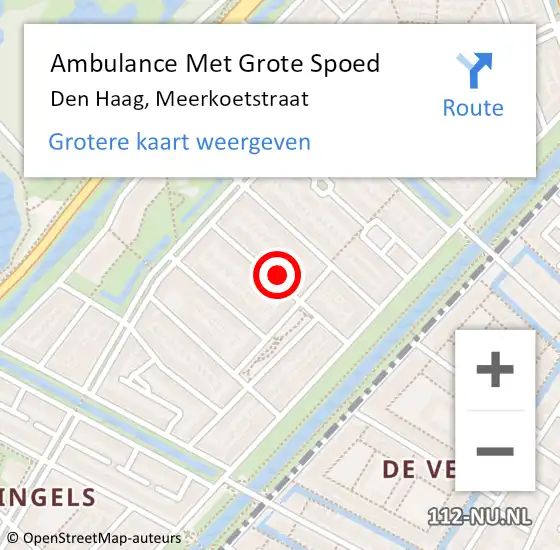 Locatie op kaart van de 112 melding: Ambulance Met Grote Spoed Naar Den Haag, Meerkoetstraat op 19 juni 2024 19:31