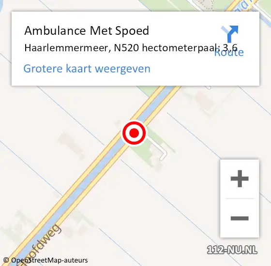 Locatie op kaart van de 112 melding: Ambulance Met Spoed Naar Haarlemmermeer, N520 hectometerpaal: 3,6 op 19 juni 2024 21:40