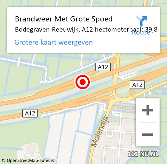 Locatie op kaart van de 112 melding: Brandweer Met Grote Spoed Naar Bodegraven-Reeuwijk, A12 hectometerpaal: 39,8 op 20 juni 2024 00:19