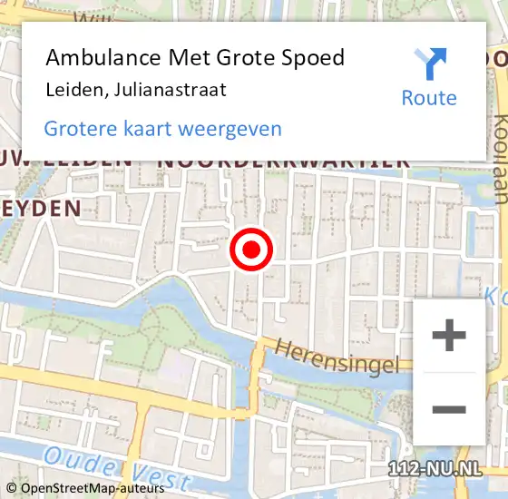 Locatie op kaart van de 112 melding: Ambulance Met Grote Spoed Naar Leiden, Julianastraat op 20 juni 2024 00:36