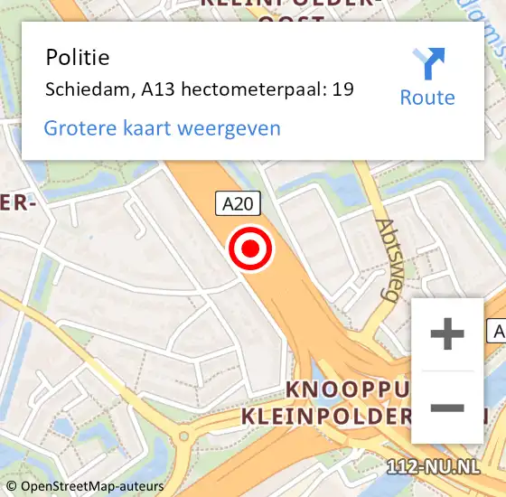Locatie op kaart van de 112 melding: Politie Schiedam, A13 hectometerpaal: 19 op 20 juni 2024 05:05