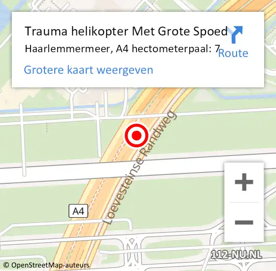 Locatie op kaart van de 112 melding: Trauma helikopter Met Grote Spoed Naar Haarlemmermeer, A4 hectometerpaal: 7 op 20 juni 2024 05:53