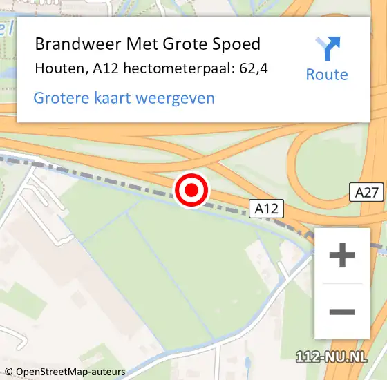 Locatie op kaart van de 112 melding: Brandweer Met Grote Spoed Naar Houten, A12 hectometerpaal: 62,4 op 20 juni 2024 07:59