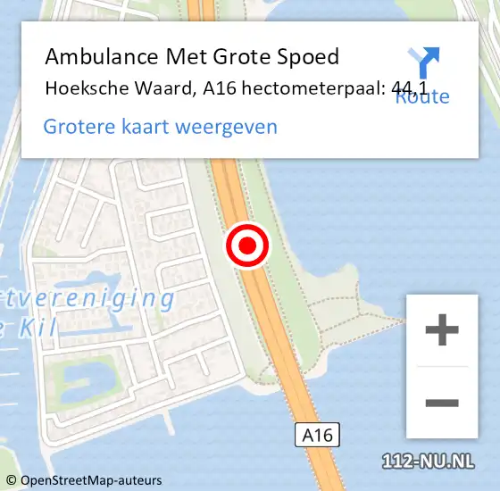 Locatie op kaart van de 112 melding: Ambulance Met Grote Spoed Naar Hoeksche Waard, A16 hectometerpaal: 44,1 op 20 juni 2024 08:46