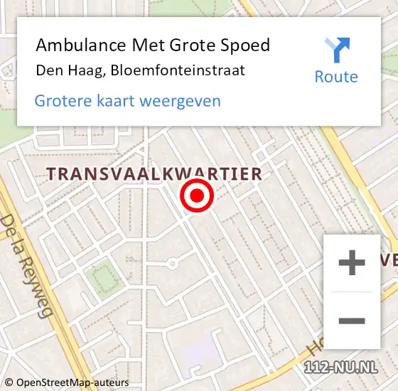 Locatie op kaart van de 112 melding: Ambulance Met Grote Spoed Naar Den Haag, Bloemfonteinstraat op 20 juni 2024 10:07