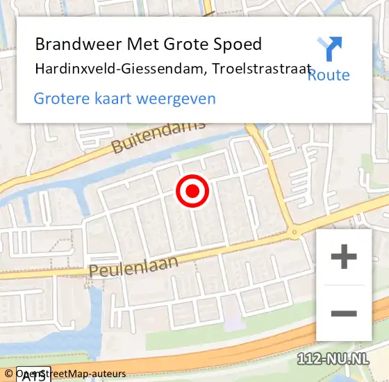 Locatie op kaart van de 112 melding: Brandweer Met Grote Spoed Naar Hardinxveld-Giessendam, Troelstrastraat op 20 juni 2024 10:27